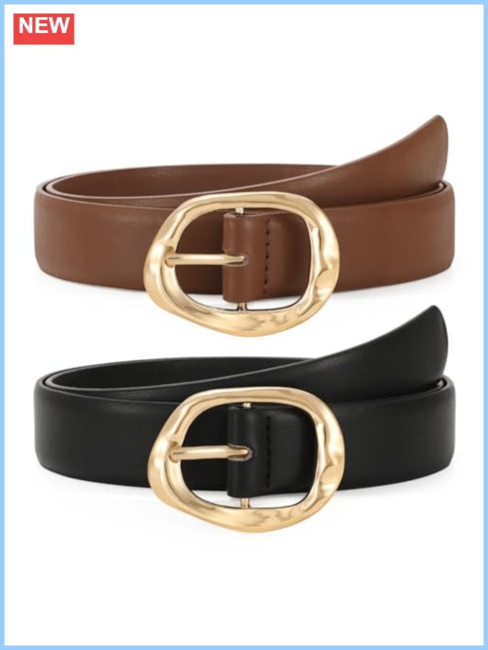2 Pack PU Leather Belts for Women Liquid Gold Buckle Waist Belt